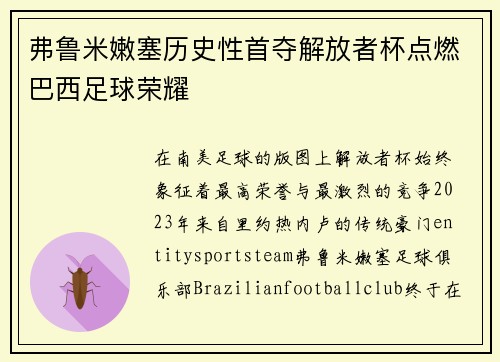 弗鲁米嫩塞历史性首夺解放者杯点燃巴西足球荣耀 弗鲁米嫩塞历史性首夺解放者杯点燃巴西足球荣耀